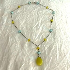 Vintage Sterling Silver Stamped Lime Jade and Larimar Stone Drop Necklace